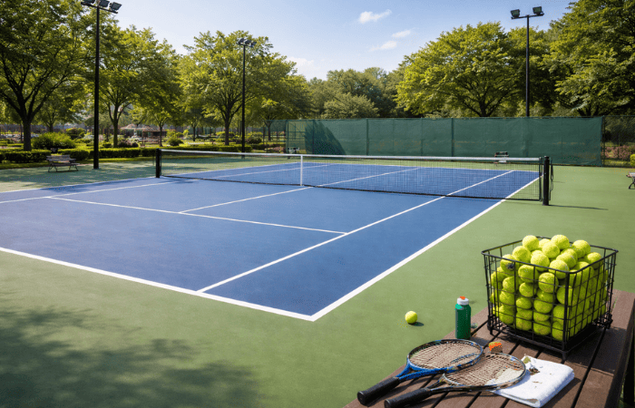 Tennis racket and ball on court